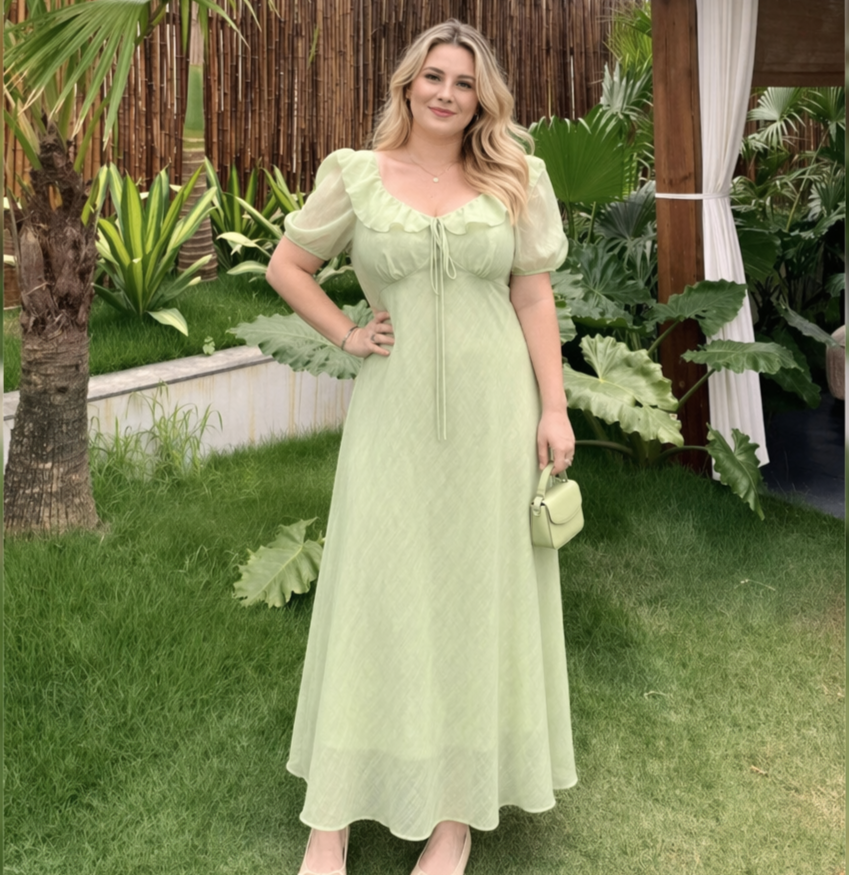 Plusock Romantic Frill Collar Puff Sleeve Maxi Dress - Green - 6XL - image 6