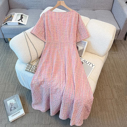 Plusock Pink Textured Plaid Square Neck Tie Front Midi Dress - image 6
