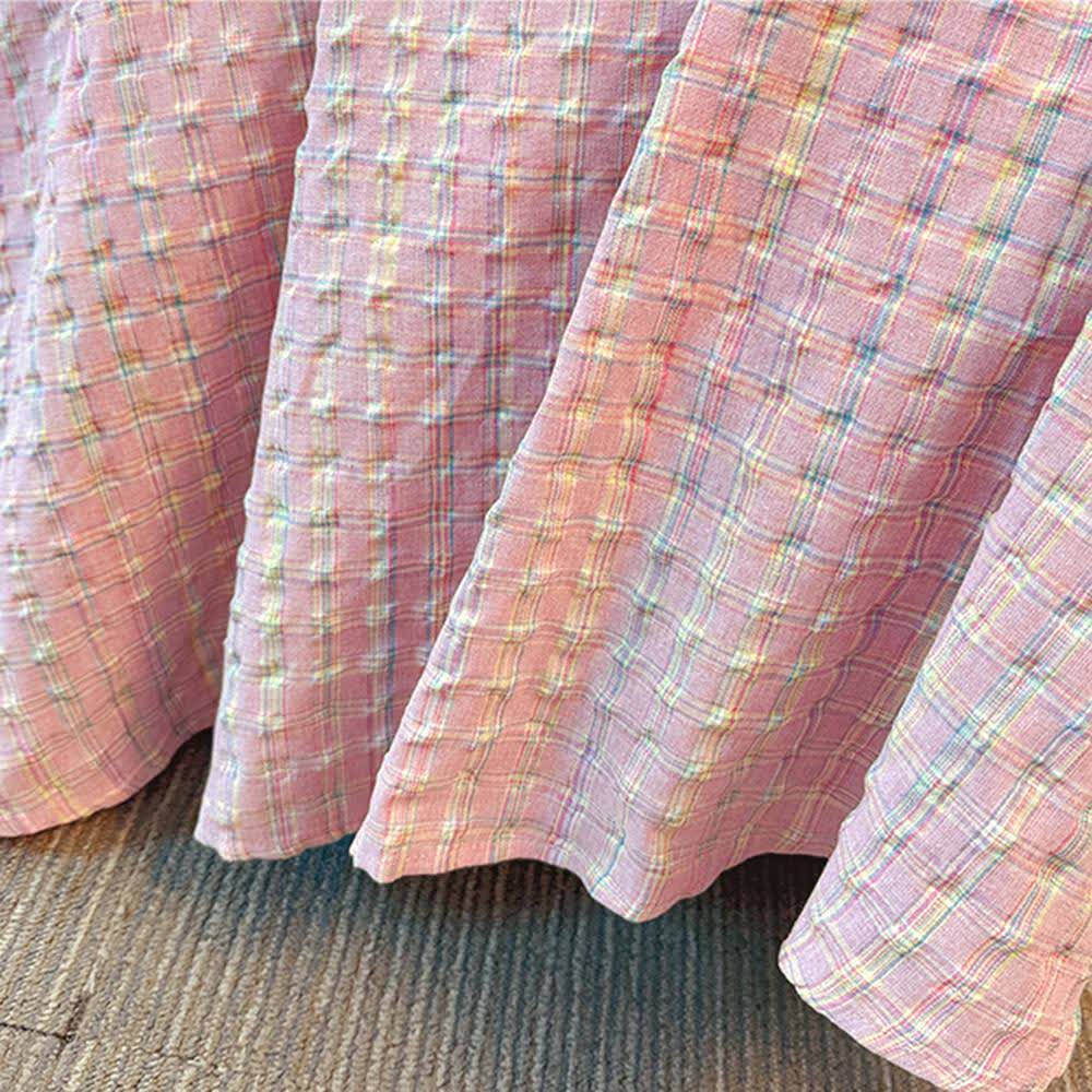 Plusock Pink Textured Plaid Square Neck Tie Front Midi Dress - image 5