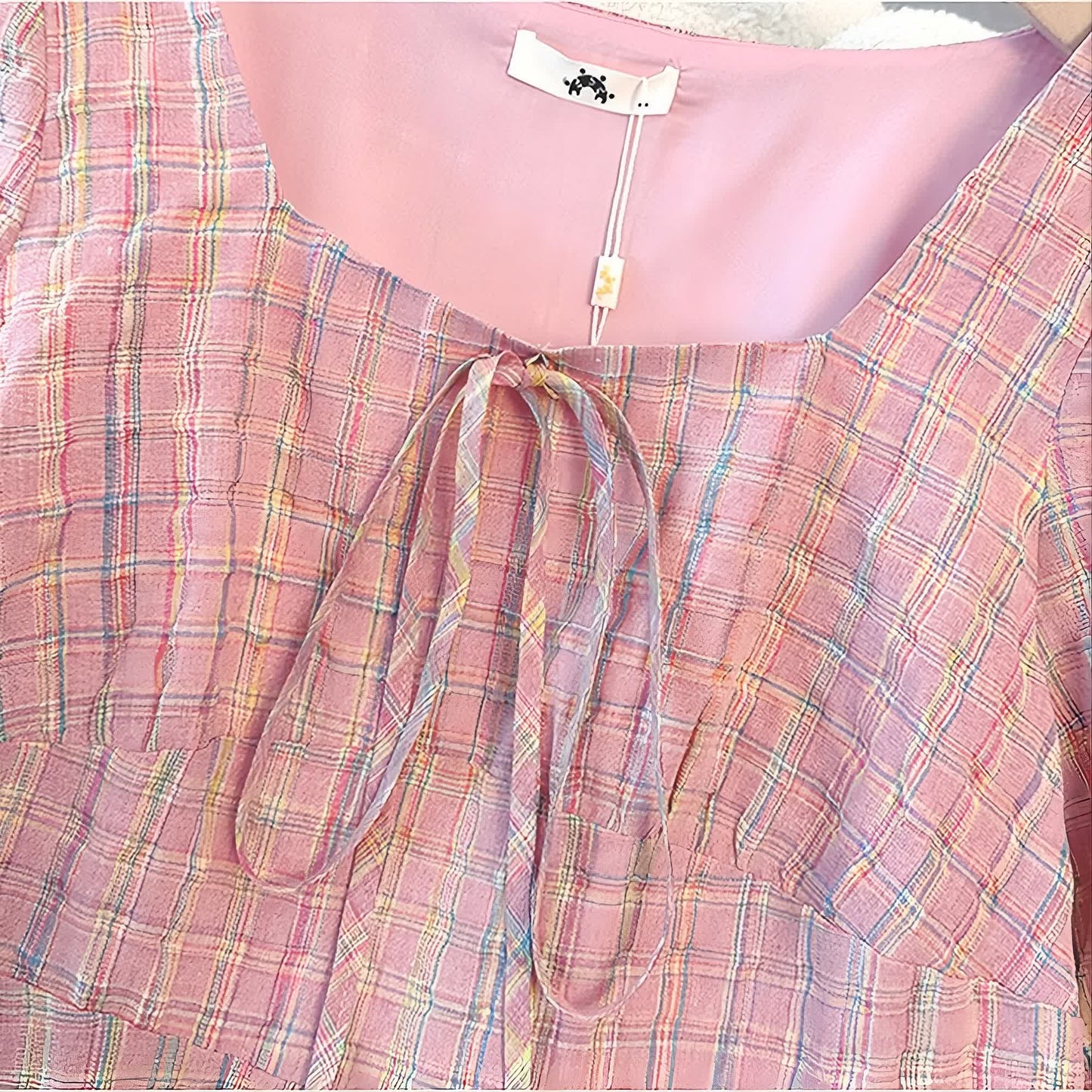 Plusock Pink Textured Plaid Square Neck Tie Front Midi Dress - image 2