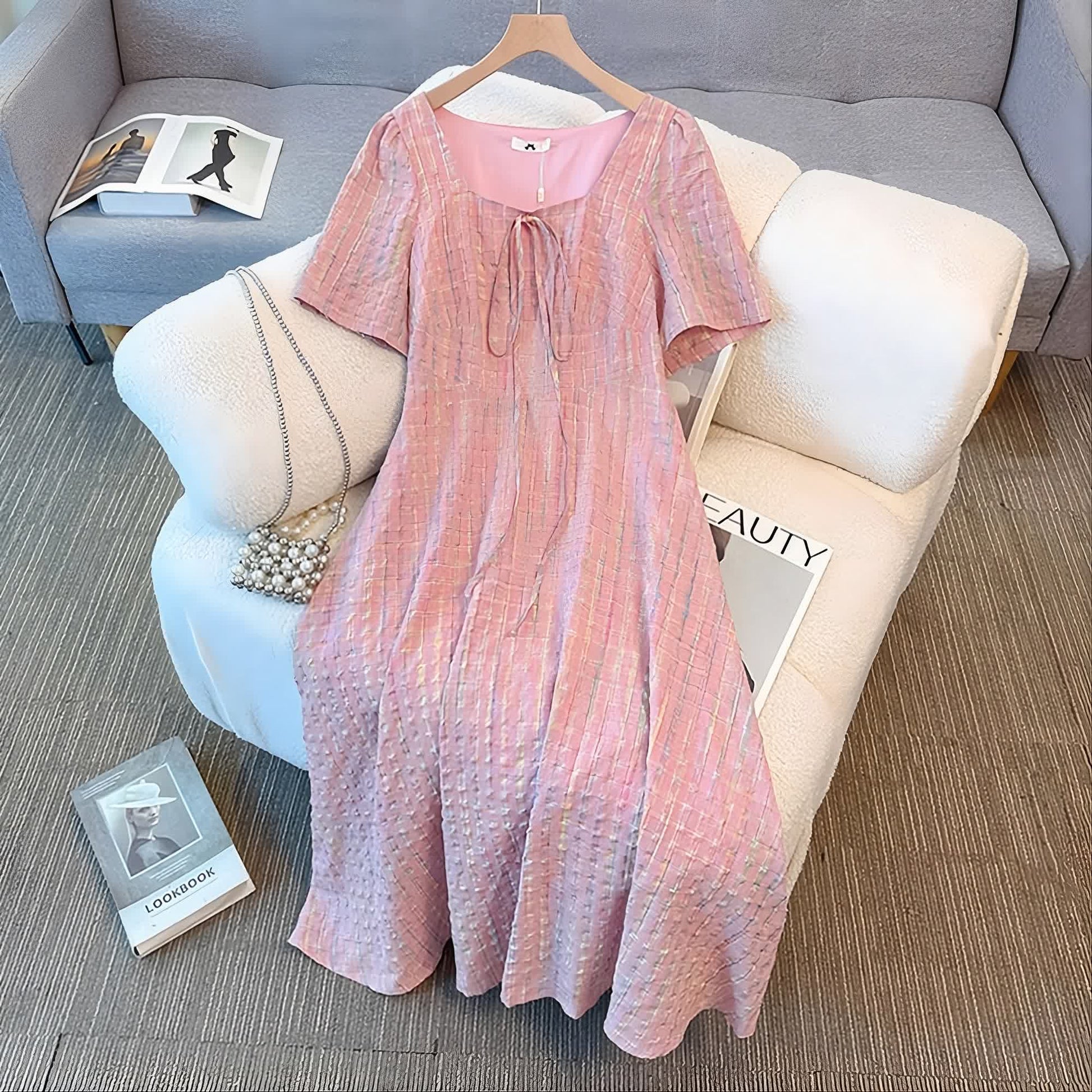 Plusock Pink Textured Plaid Square Neck Tie Front Midi Dress - image 1