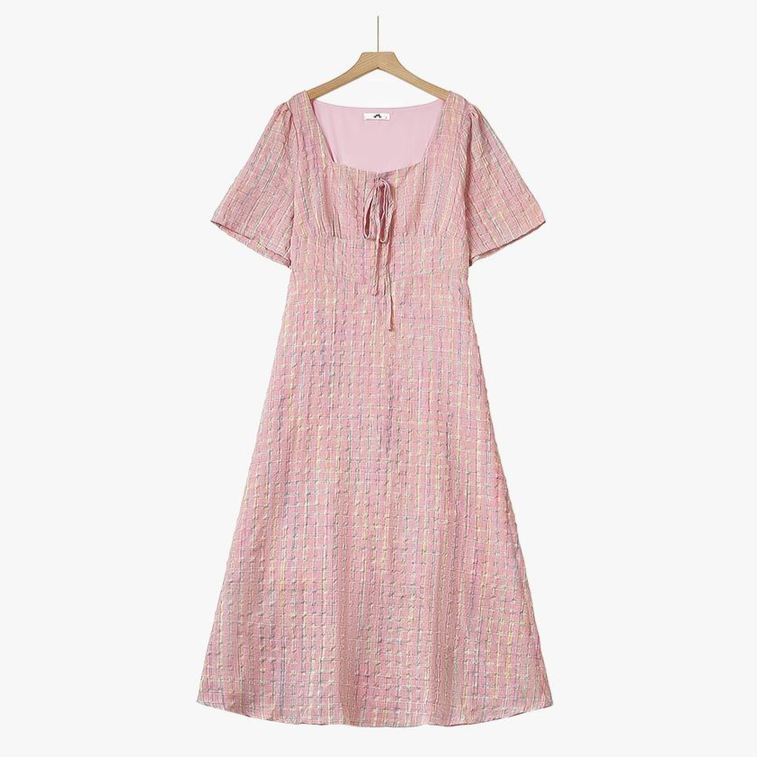 Plusock Pink Textured Plaid Square Neck Tie Front Midi Dress - Pink - 5XL - image 0