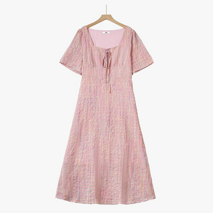 Plusock Pink Textured Plaid Square Neck Tie Front Midi Dress - Pink - 5XL - image 0