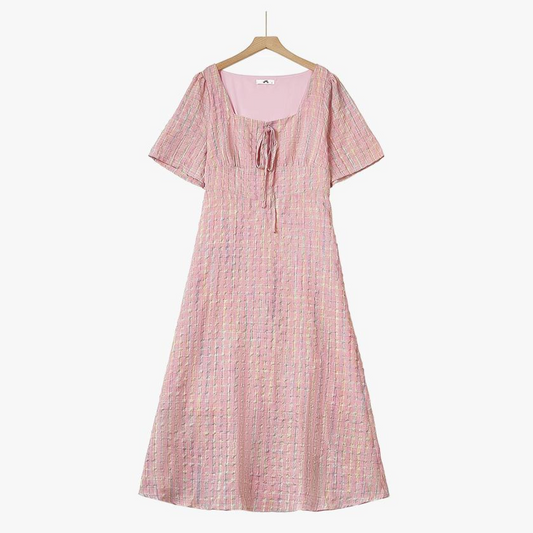 Plusock Pink Textured Plaid Square Neck Tie Front Midi Dress - Pink - 5XL - image 0