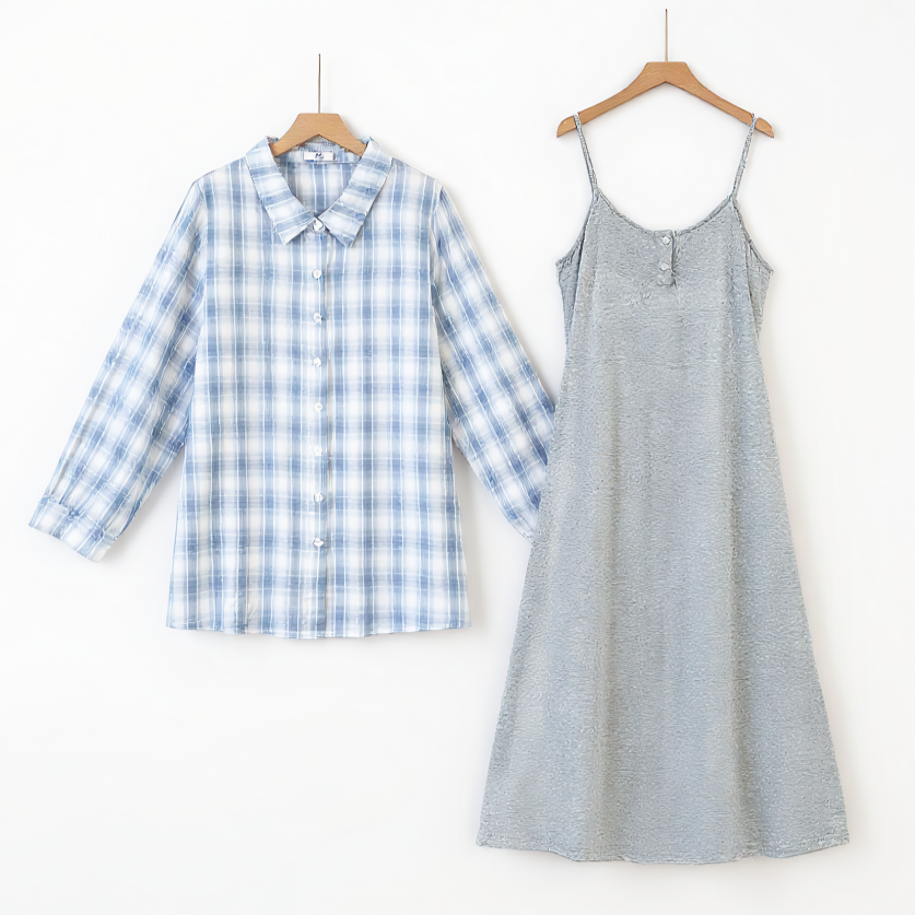 Plusock Plus Size Cotton Plaid Shirt and Cami Dress Lounge Set - 2Pcs Set - 6XL - image 0