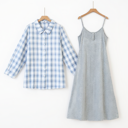 Plusock Plus Size Cotton Plaid Shirt and Cami Dress Lounge Set - 2Pcs Set - 6XL - image 0