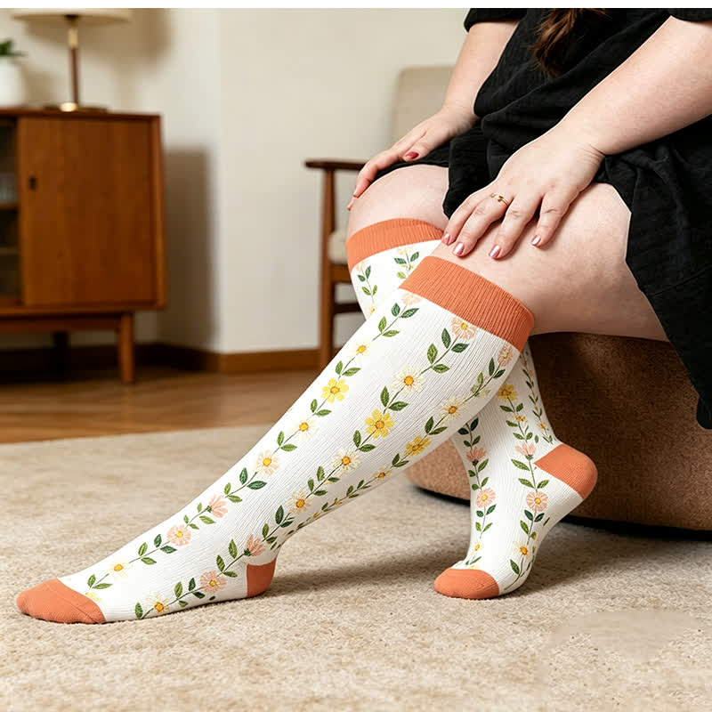 Plusock Plus Size Floral Ribbed Compression Socks - Yellow(1 Pair) - 4XL - image 2