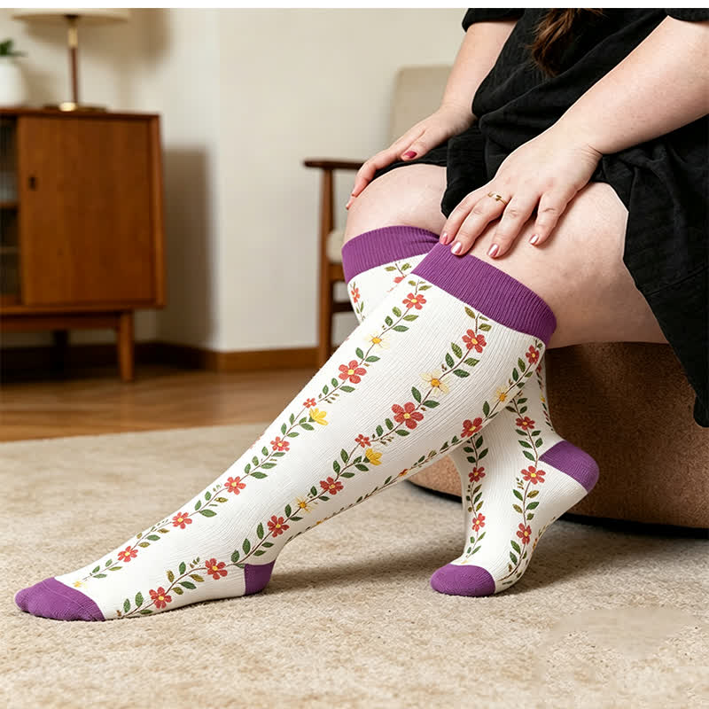 Plusock Plus Size Floral Ribbed Compression Socks - Purple(1 Pair) - 4XL - image 1