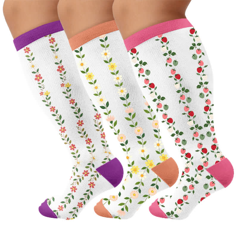 Plusock Plus Size Floral Ribbed Compression Socks - Multicolor(3 Pairs) - 4XL - image 4