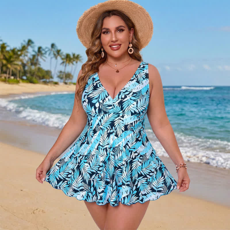 Plusock Floral Skirted Swim Dress - Sky Blue - 5XL - image 4