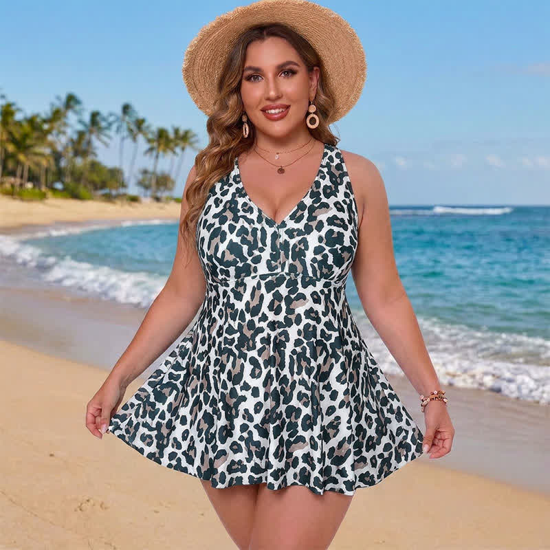 Plusock Plus Size Printed Ring Strap Swim Dress - Black - 5XL - image 0