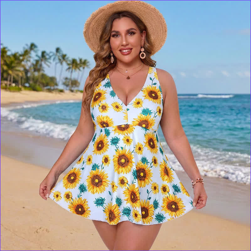 Plusock Plus Size Printed Ring Strap Swim Dress - Yellow - 5XL - image 5