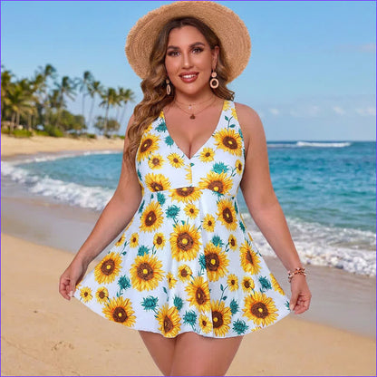 Plusock Plus Size Printed Ring Strap Swim Dress - Yellow - 5XL - image 5