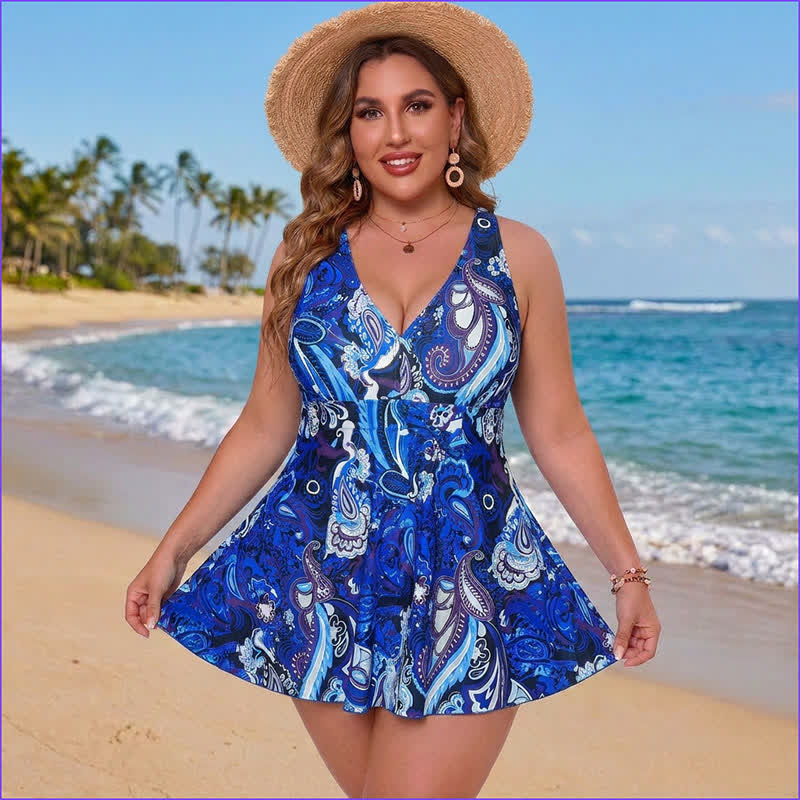 Plusock Plus Size Printed Ring Strap Swim Dress - Blue - 5XL - image 1