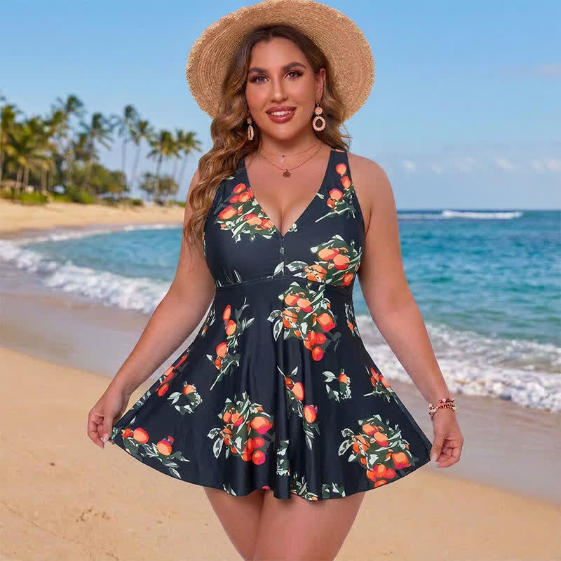 Plusock Leopard Flower Print Empire Waist Swim Dress - Black - 5XL - image 2