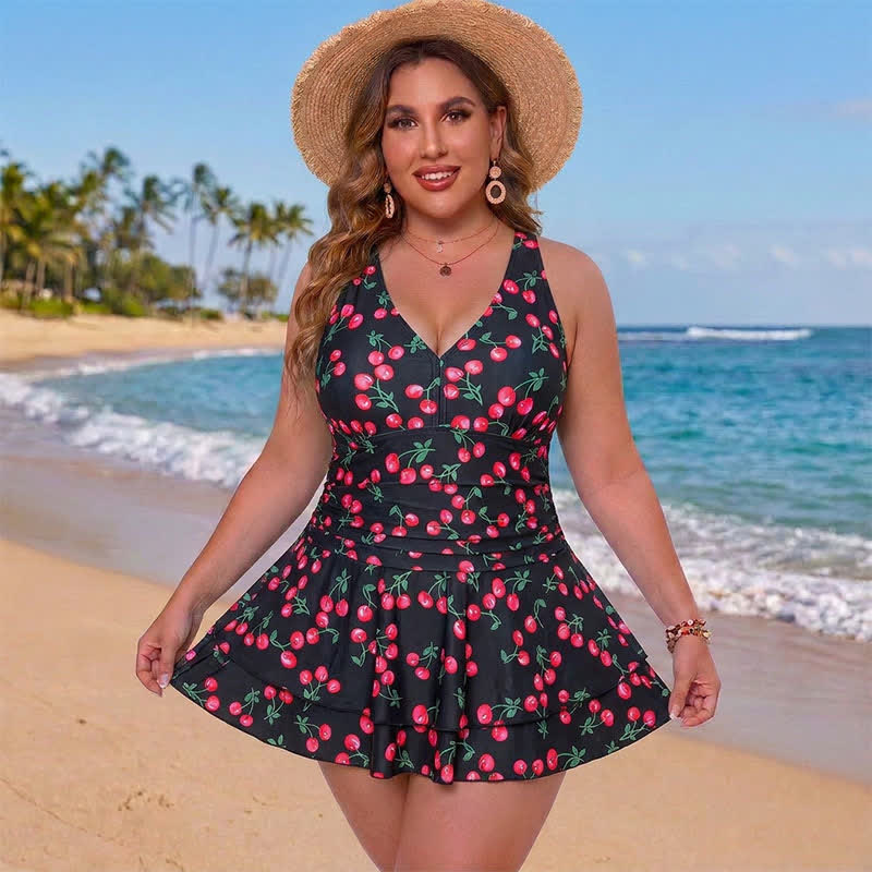 Plusock Leopard Flower Print Empire Waist Swim Dress - Rose - 5XL - image 4