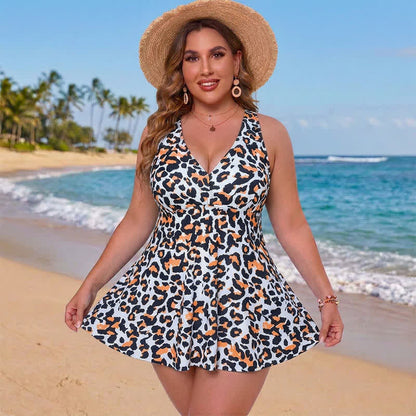 Plusock Leopard Flower Print Empire Waist Swim Dress - Light Gray - 5XL - image 0