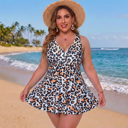 Plusock Leopard Flower Print Empire Waist Swim Dress - Grey - 5XL - image 6