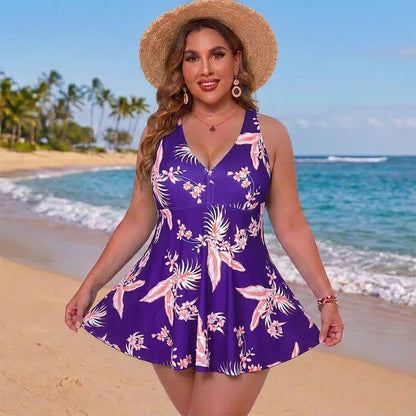 Plusock Flower Polka Dot Print V Neck Swim Dress - Blue - 5XL - image 0