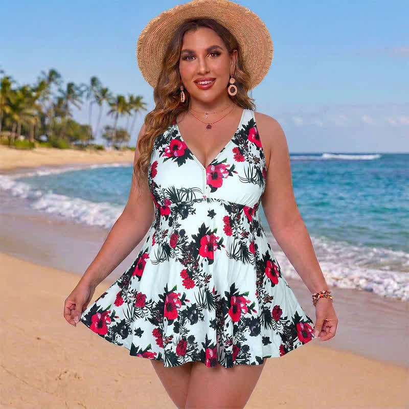 Plusock Flower Polka Dot Print V Neck Swim Dress - White - 5XL - image 4