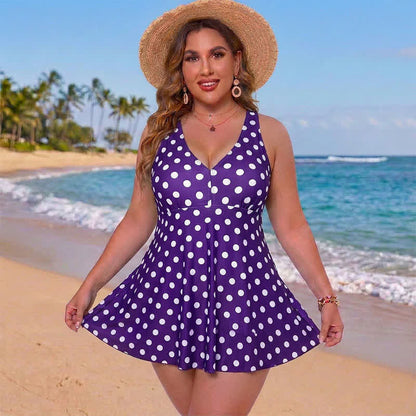 Plusock Flower Polka Dot Print V Neck Swim Dress - Purple - 5XL - image 2