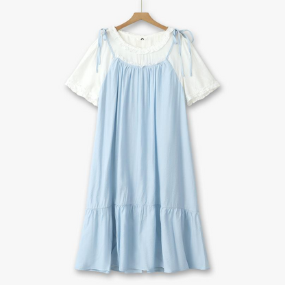 Plusock Plus Size Bow Strap Faux Two Piece Midi Dress - Blue - 6XL - image 0