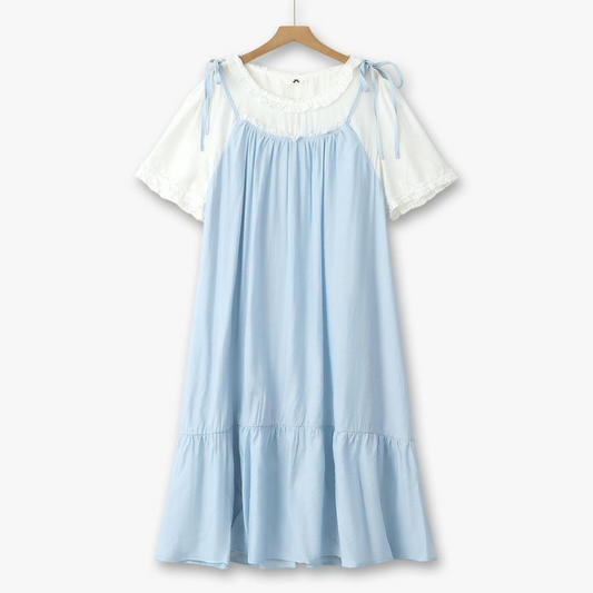Plusock Plus Size Bow Strap Faux Two Piece Midi Dress - Blue - 6XL - image 0