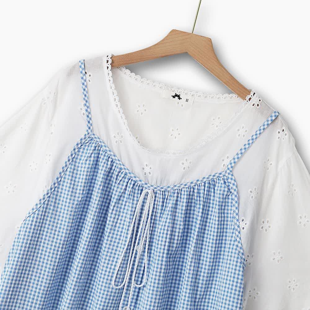 Plusock Plus Size Blue Gingham Eyelet Short Sleeve Blouse - image 1