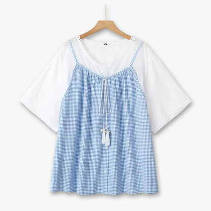 Plusock Plus Size Blue Gingham Eyelet Short Sleeve Blouse - Blue - 6XL - image 0