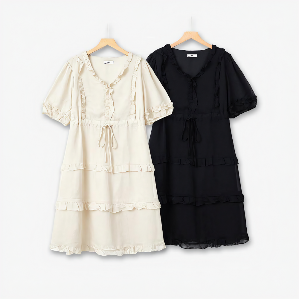 Plusock Plus Size Elegant V-Neck Ruffle Tie-Waist Midi Dress - image 0