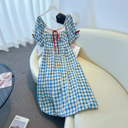 Plusock Plus Size Blue Gingham Square Neck Puff Sleeve Midi Dress - image 1
