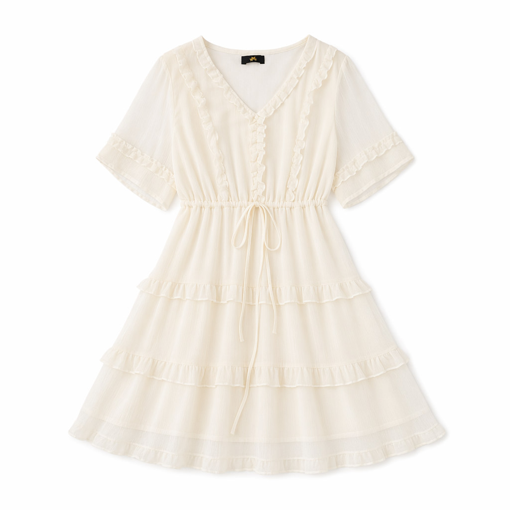 Plusock Plus Size Elegant V-Neck Ruffle Tie-Waist Midi Dress - Beige - 7XL - image 7