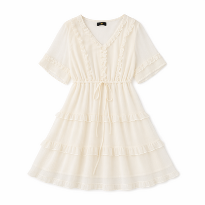Plusock Plus Size Elegant V-Neck Ruffle Tie-Waist Midi Dress - Beige - 7XL - image 7