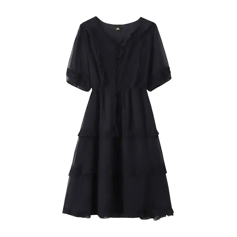 Plusock Plus Size Elegant V-Neck Ruffle Tie-Waist Midi Dress - Black - 7XL - image 8