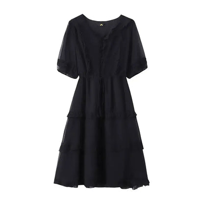 Plusock Plus Size Elegant V-Neck Ruffle Tie-Waist Midi Dress - Black - 7XL - image 8