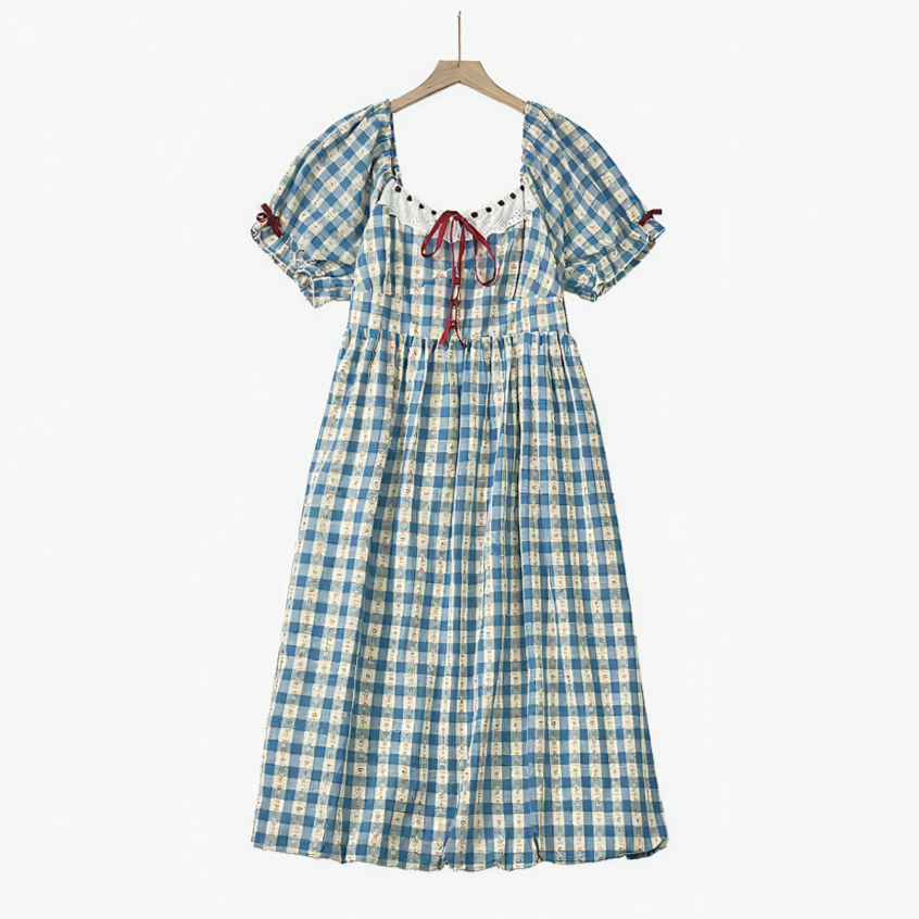 Plusock Plus Size Blue Gingham Square Neck Puff Sleeve Midi Dress - Blue - 6XL - image 0