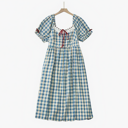 Plusock Plus Size Blue Gingham Square Neck Puff Sleeve Midi Dress - Blue - 6XL - image 0