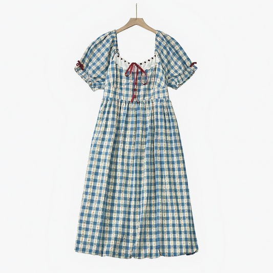 Plusock Plus Size Blue Gingham Square Neck Puff Sleeve Midi Dress - Blue - 6XL - image 0