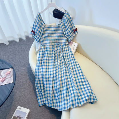 Plusock Plus Size Blue Gingham Square Neck Puff Sleeve Midi Dress - image 6