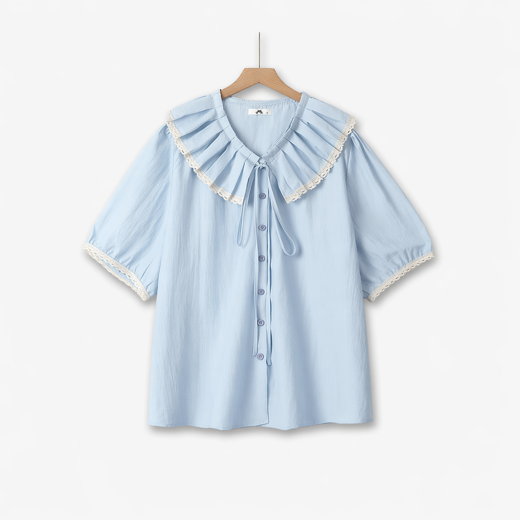 Plusock Plus Size Ruffle Collar Lace Trim Blouse - Blue - 6XL - image 0