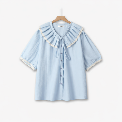 Plusock Plus Size Ruffle Collar Lace Trim Blouse - Blue - 6XL - image 0