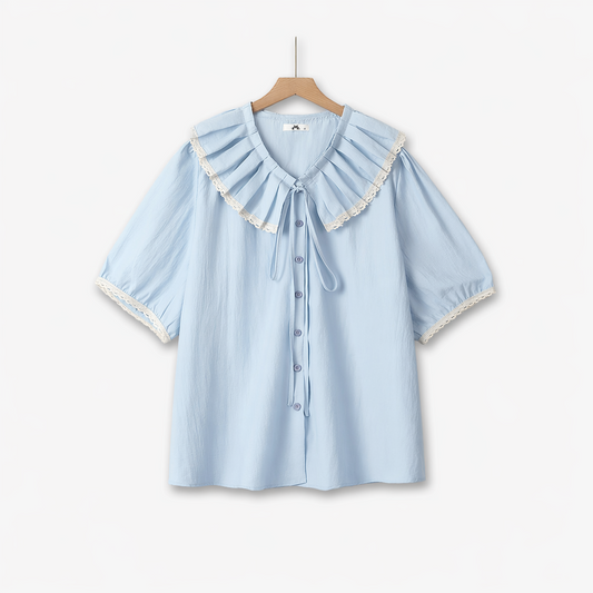 Plusock Plus Size Ruffle Collar Lace Trim Blouse - Blue - 6XL - image 0