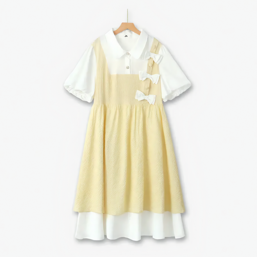 Plusock Sweet Bow Smocked Mock Two Piece Midi Dress - Yellow - 6XL - image 0