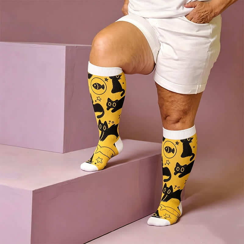 Plusock Plus Size Color Pop Cat Compression Socks - Yellow(1 Pair) - 4XL - image 1