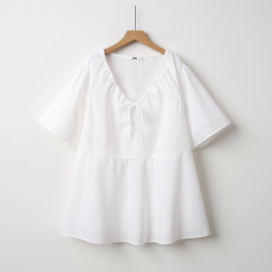 Plusock Plus-Size V Neck Tie-Neck Ruffle Peplum Blouse - White - 6XL - image 0