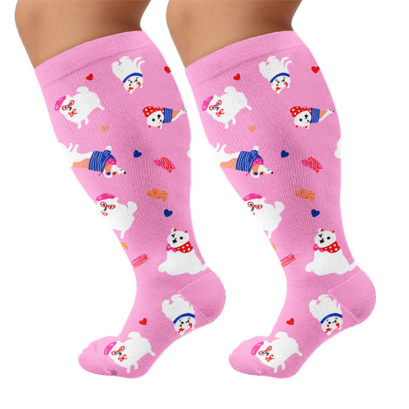 Plusock Plus Size Cartoon Flower & Animal Print Compression Socks - Pink(1 Pair) - 4XL - image 9