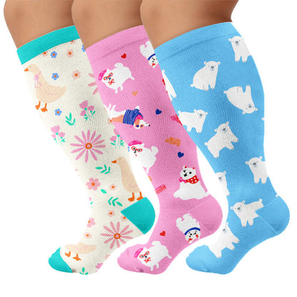 Plusock Plus Size Cartoon Flower & Animal Print Compression Socks - Multicolor(3 Pairs) - 4XL - image 4