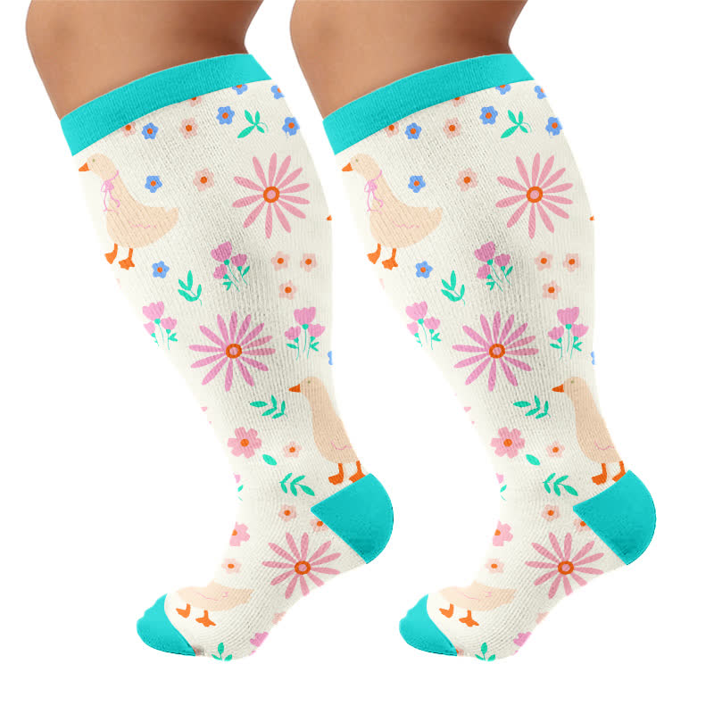 Plusock Plus Size Cartoon Flower & Animal Print Compression Socks - Green(1 Pair) - 4XL - image 8
