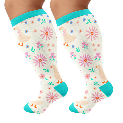 Plusock Plus Size Cartoon Flower & Animal Print Compression Socks - Green(1 Pair) - 4XL - image 8