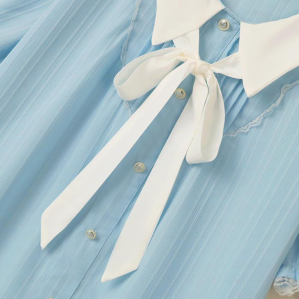 Plusock Plus Size Blue Contrast Collar Bow Tie Ruffle Hem Dress - image 4